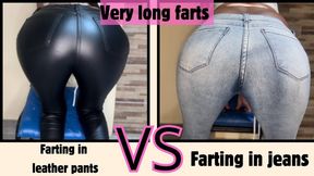 Very long farts in jeans and leather pants