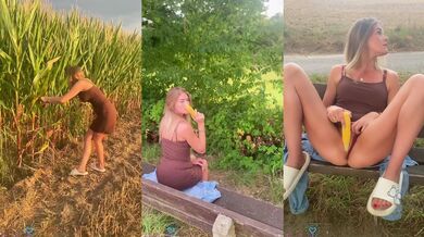 Her cornfield pussy gets stuffed with food on the trip