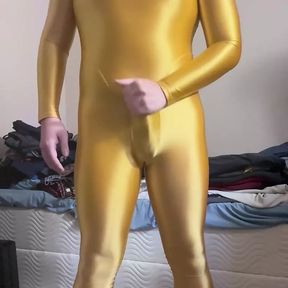 Yellow Gold Amoresy Spandex Suit! Keep Jerk Off with Condom and Cum