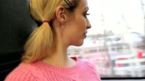 Kinky pigtailed busty amateur blondie in pink top drives along the city and pisses