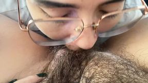 Lesbian sucking a sweet hairy bush