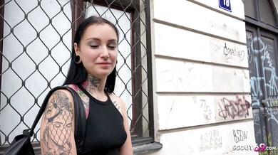 Tattooed petite German teen Sharlotte gets scouted on the street by agent Thorne and takes his cock deep in a raw casting session