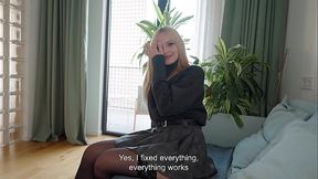 Sexy blonde cheats on her husband who'_s in the bathroom with a TV handyman