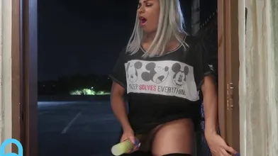 On Top Of The Parking Garage, She Fucks Her Toy And Busts A Nut