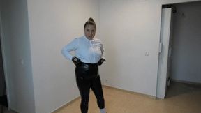 Karate in a white shirt and latex pants ORDER b