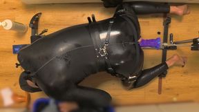 Latex Chastity Cage Sissy on Sex Machine Pillory, Dildo and ESTIM Part 3