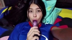 Black-haired babe cheats on hubby with big cock while wearing lingerie
