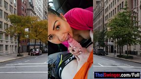 Public POV blowjob in a car by horny and busty Asian MILF slut