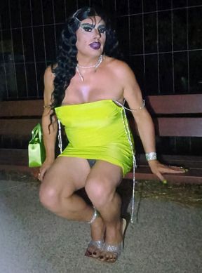 Gorgeous mature slut crossdresser smoking make a striptease and cum in tje park