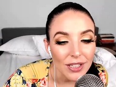 Busty curly brunette with big boobs fucks on couch