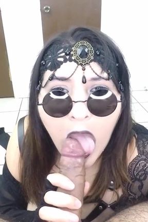 Goth Mistress Sucks off a Lucky Fan
