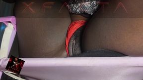 flashing my trimmed black pussy in my living room