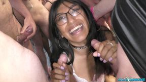 Two Stunning Looking Babes Eating All the Cum From Multiple Dick's