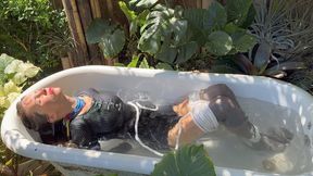 Captured Hiking Girl Tied Outside in Dirt and Bathtub – Socks, Gag, Wet Struggle