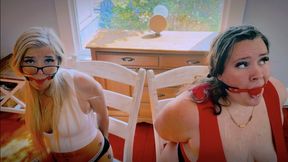 No Way Out For Two Roommates Bound & Gagged By Home Intruder (4K) - Celia Ray & Phoenix Sinz - two girl, tape bondage, bra, panties, barefoot, chair tied, ballgagged, drooling