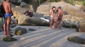 Slim Brazil Teen Gets Double Stuffed at the Beach by Two Huge Poles