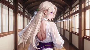 White Kimono Maid! Kneeling in the Japanese Corridor, Huge Slit Revealing Wet Thighs Under the Sun.
