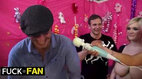 Big titted brunette gags on thick cock while getting stuffed by two sluts
