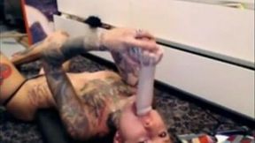 Tattooed perverted all alone blonde whore sucked dildo in a nasty way