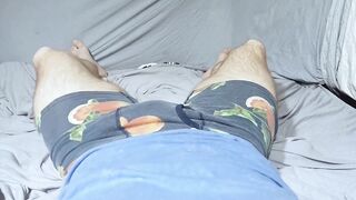 Donnie Roe's uncut monster cock makes him cum hard all over himself