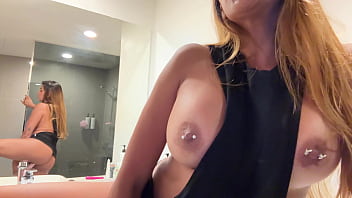 Almost caught! Cute busty girl masturbates in the bathroom while her parents are not home