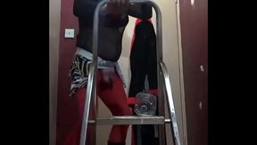 crossdressing sissy pissing in a bottle from on a ladder drinks the lot