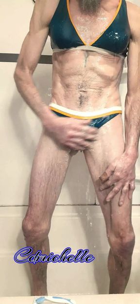 Crossdresser Cdmichell Wearing Blue Two Piece Swimsuit