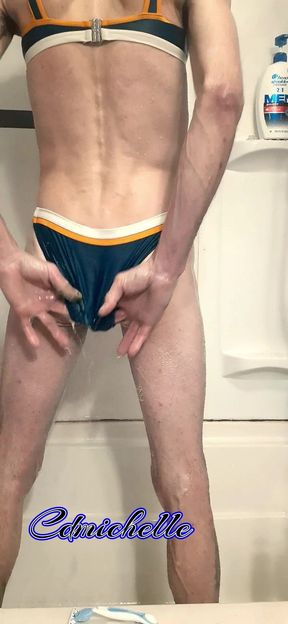 Crossdresser Cdmichell Wearing Blue Two Piece Swimsuit