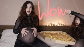 pregnant glutton and huge pizza (Full HD 1920 1080)