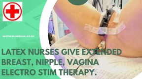 Latex nurse gives female patient extended elcectro stim session to breast, nipples, clitoris and vagina then denies her an orgasm.
