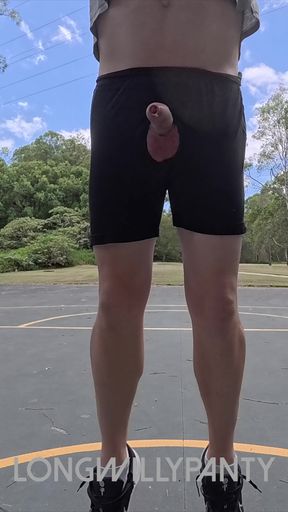 Straight uncut guy with cock out flashing at basketball courts