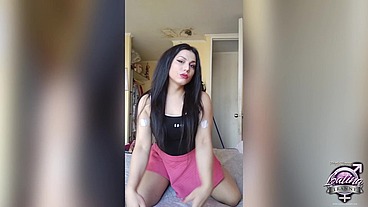 Freaky tranny teen Canela loves to lick cum out of condoms while jerking off and cum