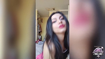 Freaky tranny teen Canela loves to lick cum out of condoms while jerking off and cum