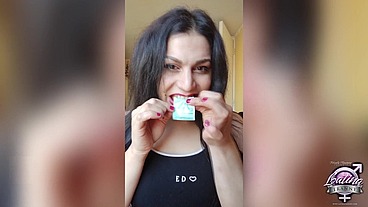 Freaky tranny teen Canela loves to lick cum out of condoms while jerking off and cum