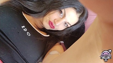 Freaky tranny teen Canela loves to lick cum out of condoms while jerking off and cum