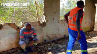 Black hunks in uniforms give rough outdoor bareback pounding to gay sluts blowjob cumshot