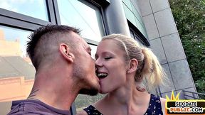 Pulled inked blonde riding a stranger's cock