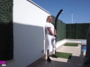 Public exhibitionist in white spandex