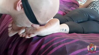 Footslave blindfold humiliation - Feet licking, toe sucking, cum on foot Goddess feet