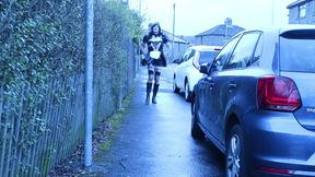 crossdressed as a French maid out on the street