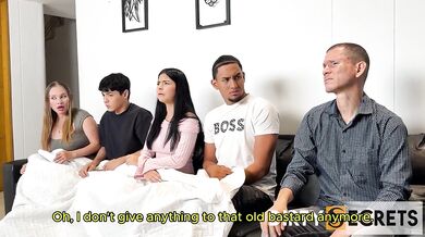 My stepdaughter deepthroats her boyfriend then fucks his best friend in the living room