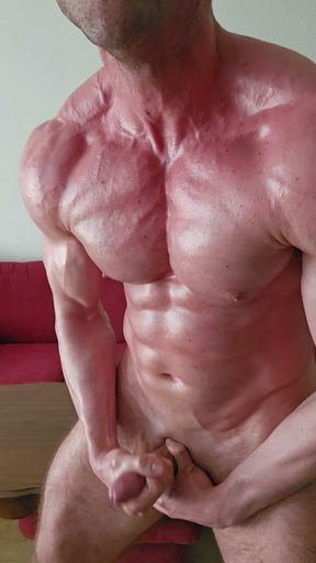 6'7" hung muscular Dom getting oiled up, flexing and cumming HARD