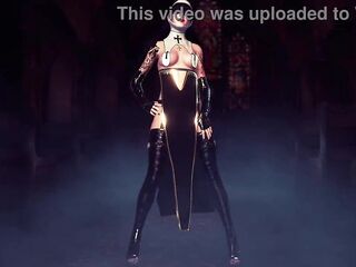 Lewd older nun in ebony dress solo posing out of pants in cathedral