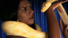 Dark skin brunette Indian babe plays and tames a python