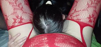 Our skinny brunette neighbor takes turns performing cunnilingus on me and my girlfriend