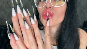 The new nail shape is even longer, sharp stilettos, long fingers suckings, palms wide, white lace lingerie on me
