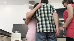 ”Older naughty couple has wild threeway with petite teen”