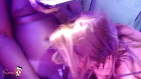 rebecca is always horny and she fucks two black guys during a van trip to the airport!