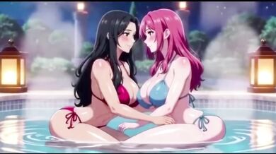 Two lesbian girls soaking in steaming baths then pulsing apart leaking lewd squirts