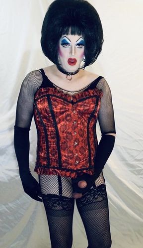 Tranny Slut Stroking in Lingerie and heavy makeup!